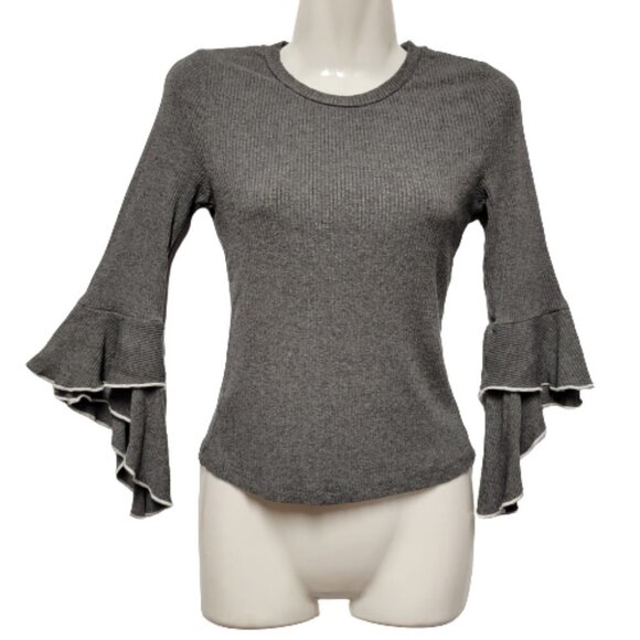 GREY Long Sleeve Top Ruffled Bell Sleeves Top Size XS/S - Picture 2 of 9